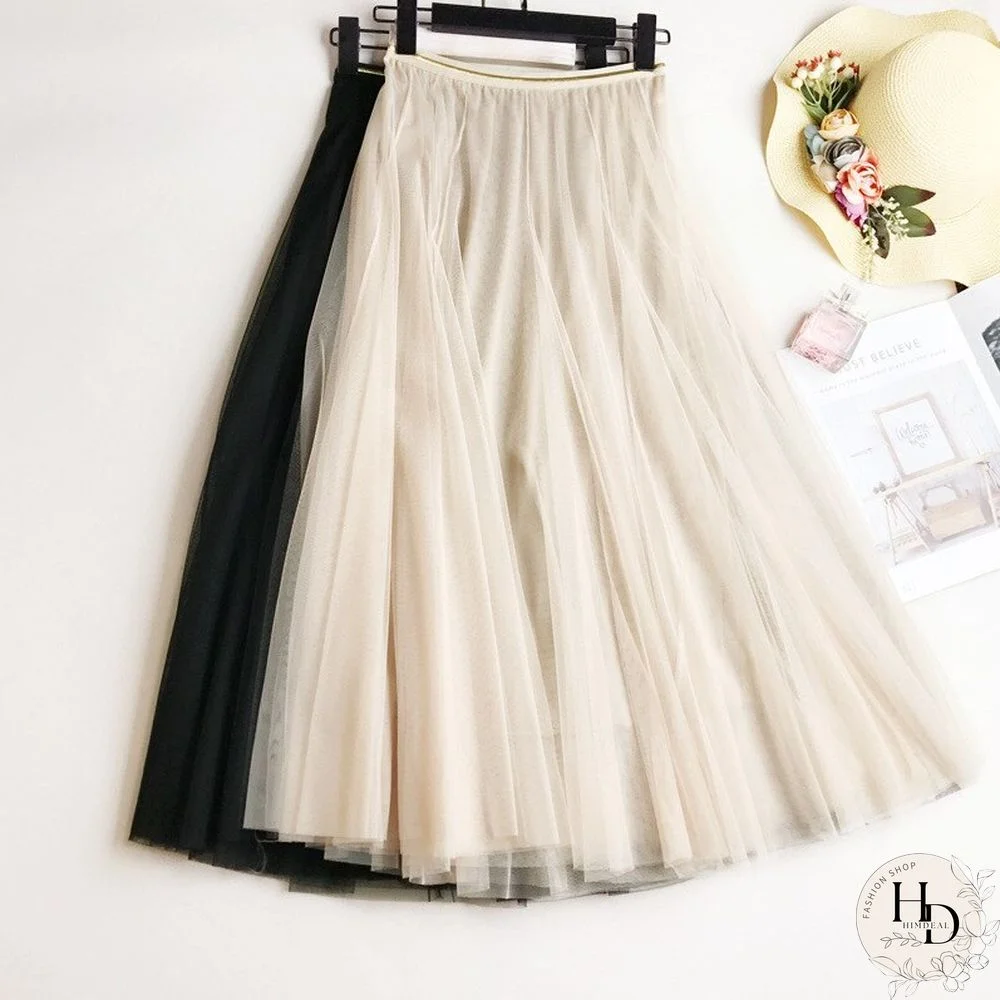 Summer Mesh Women Pleated Skirt Solid High Waist A Line Tulle Skirts Chic Long Maxi Tutu Skirt Holiday Beach Tulle Skirt