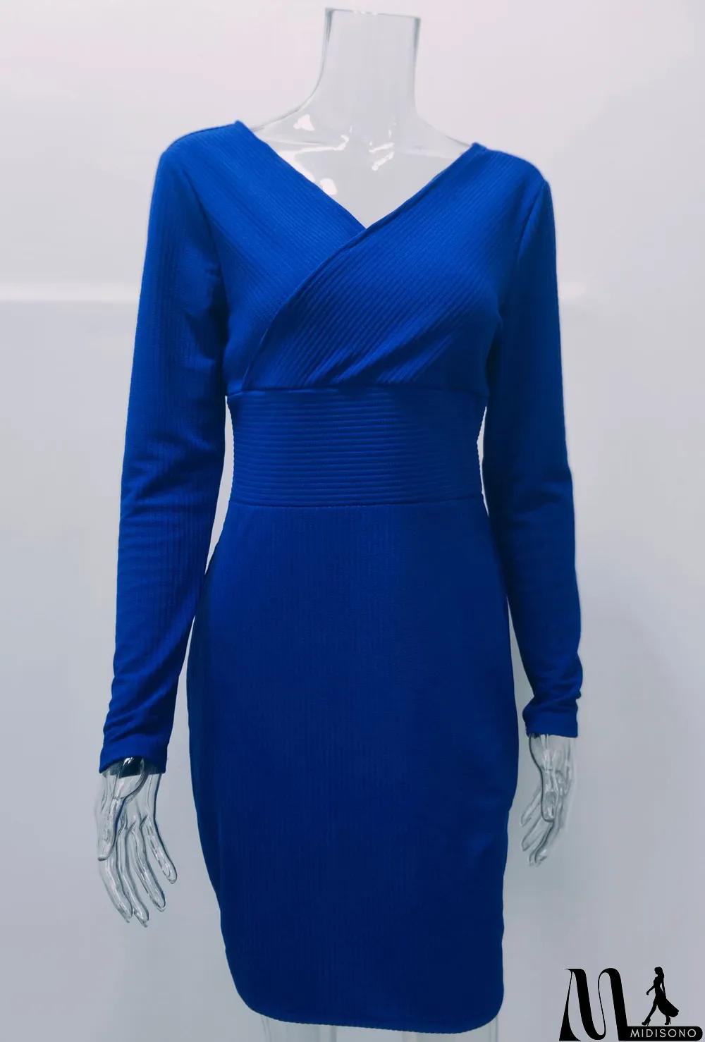 MidiSono - Winter Royal Knit V-Neck High Waist Wrap Midi Dress