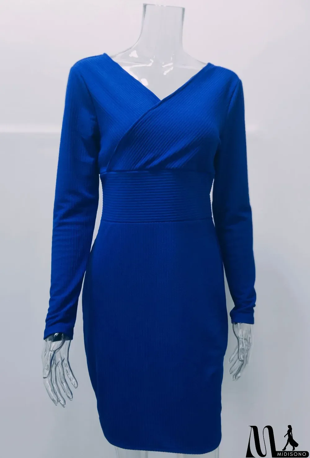 MidiSono - Winter Royal Knit V-Neck High Waist Wrap Midi Dress