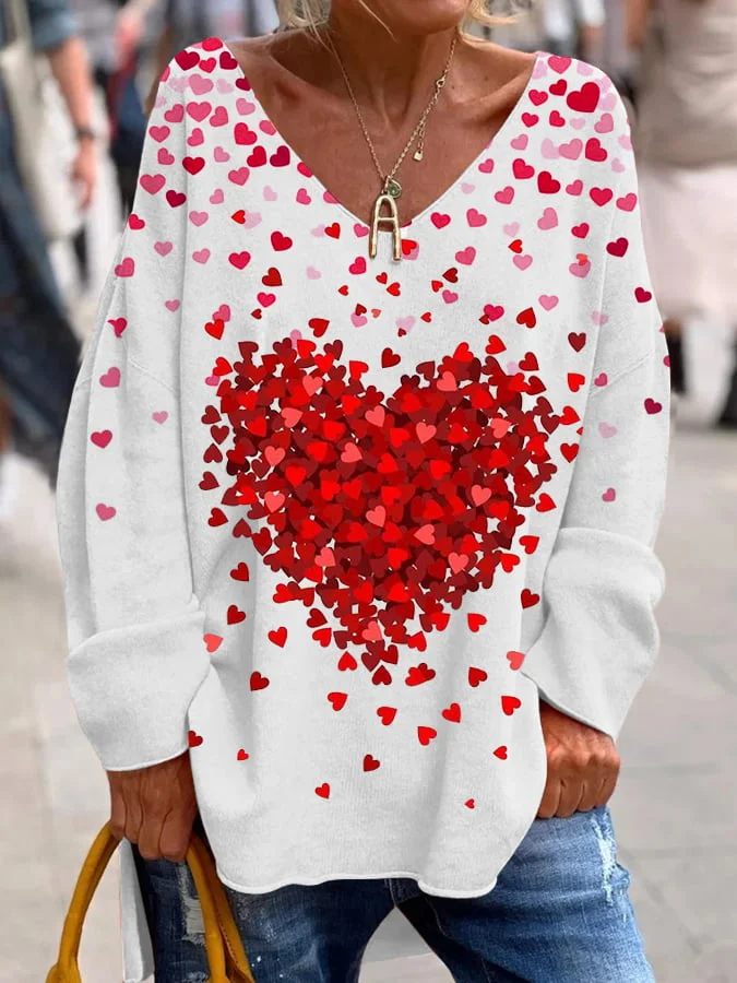 Women's Valentine's Day Heart Print V-Neck Long Sleeve Top ​