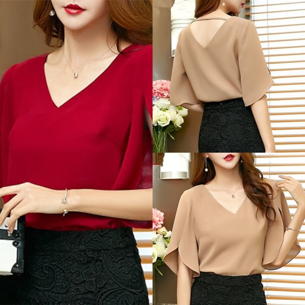 Fashion Women Blouses Female Shirt Summer Casual Chiffon Solid Short Sleeve Korean Loose Top - BlackFridayBuys