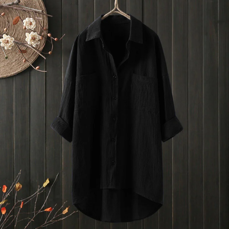 Uveng Uveng Women's Clothing 2025 Spring And Autumn Casual Style Pure Shirt Women Loose Cotton T-Shirt Double Pocket Long-Sleeved Top