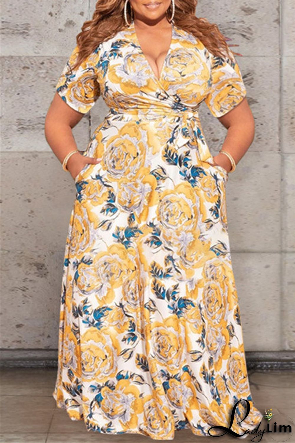 Earth Yellow Fashion Casual Print Bandage V Neck Plus Size Two Pieces