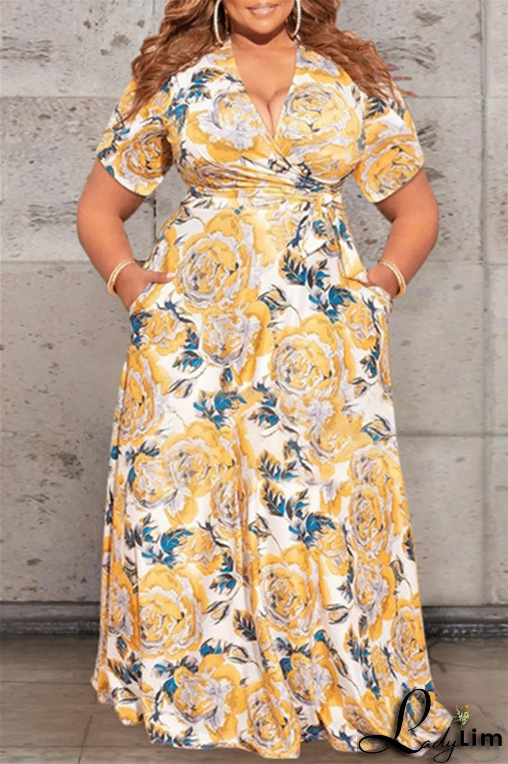 Earth Yellow Fashion Casual Print Bandage V Neck Plus Size Two Pieces