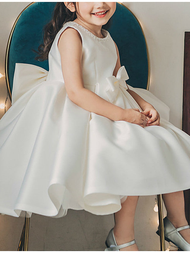 Oknass Ball Gown Sleeveless Jewel Neck Flower Girl Dress Satin With Bow Pleats
