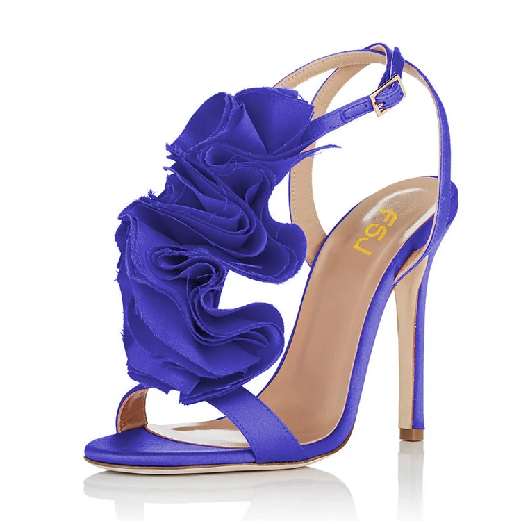 Royal Blue Heels Satin Stiletto Heel Flower Evening Sandals for Prom |FSJ Shoes