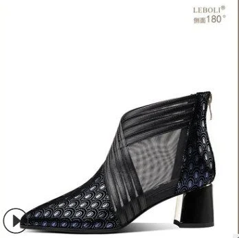 Summer Fashion solid mesh high heels pointed toe cross lines decoration ankle lady boots grace women ventilate boots red/black