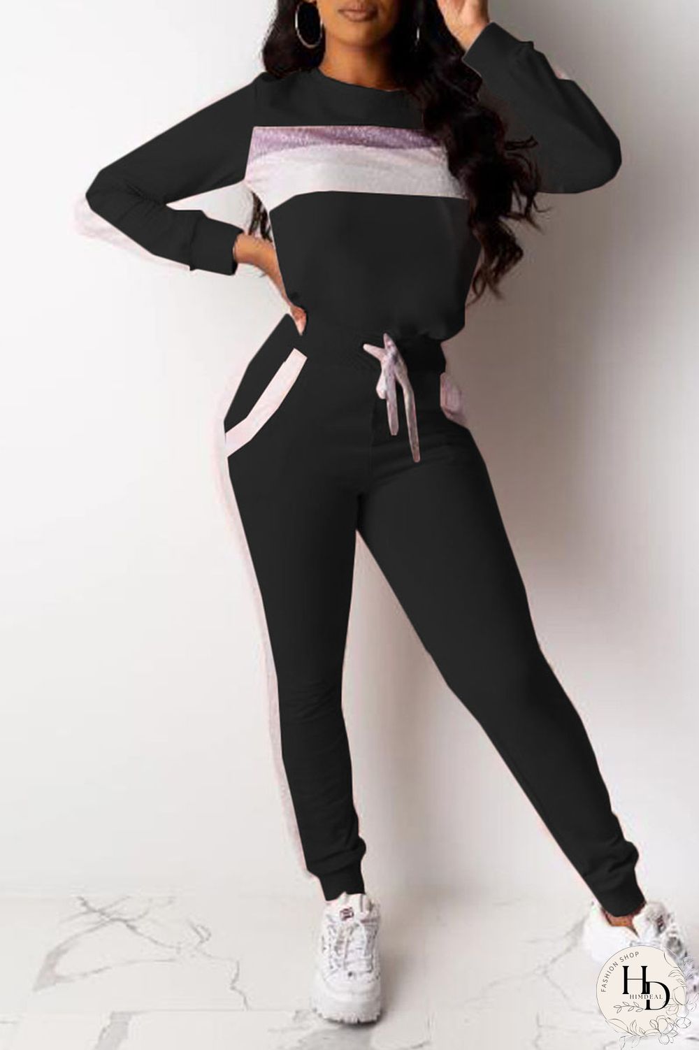 Black Casual Print Split Joint O Neck Long Sleeve Two Pieces