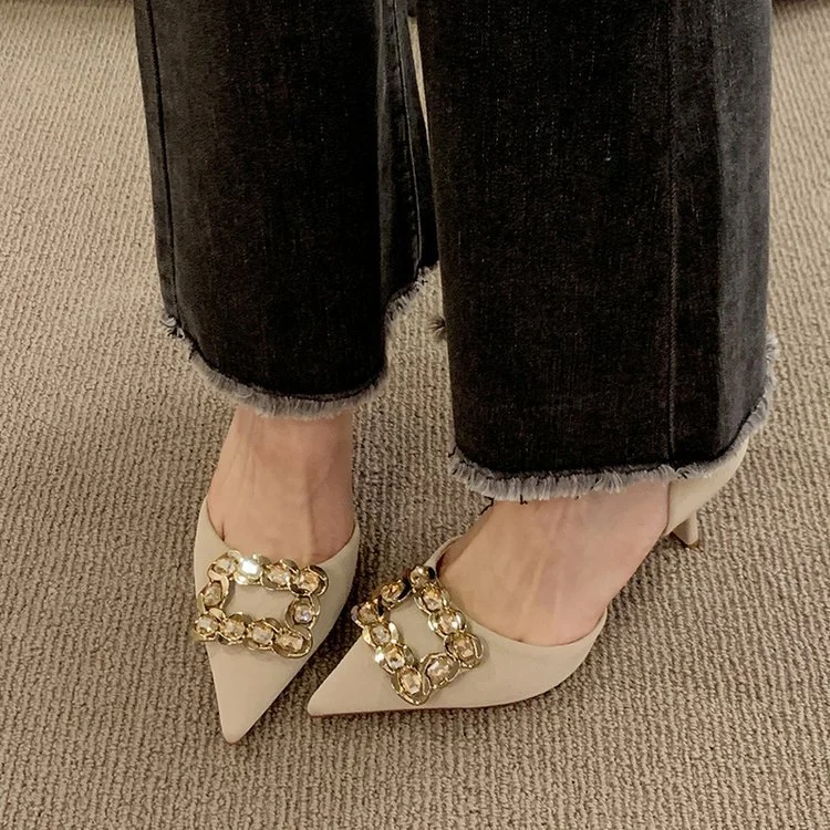 Wongn Wongn 2023 New Korean Version Of Fashion Square Button Metal Buckle Hollow High Heels Single Heel Women's Shoes