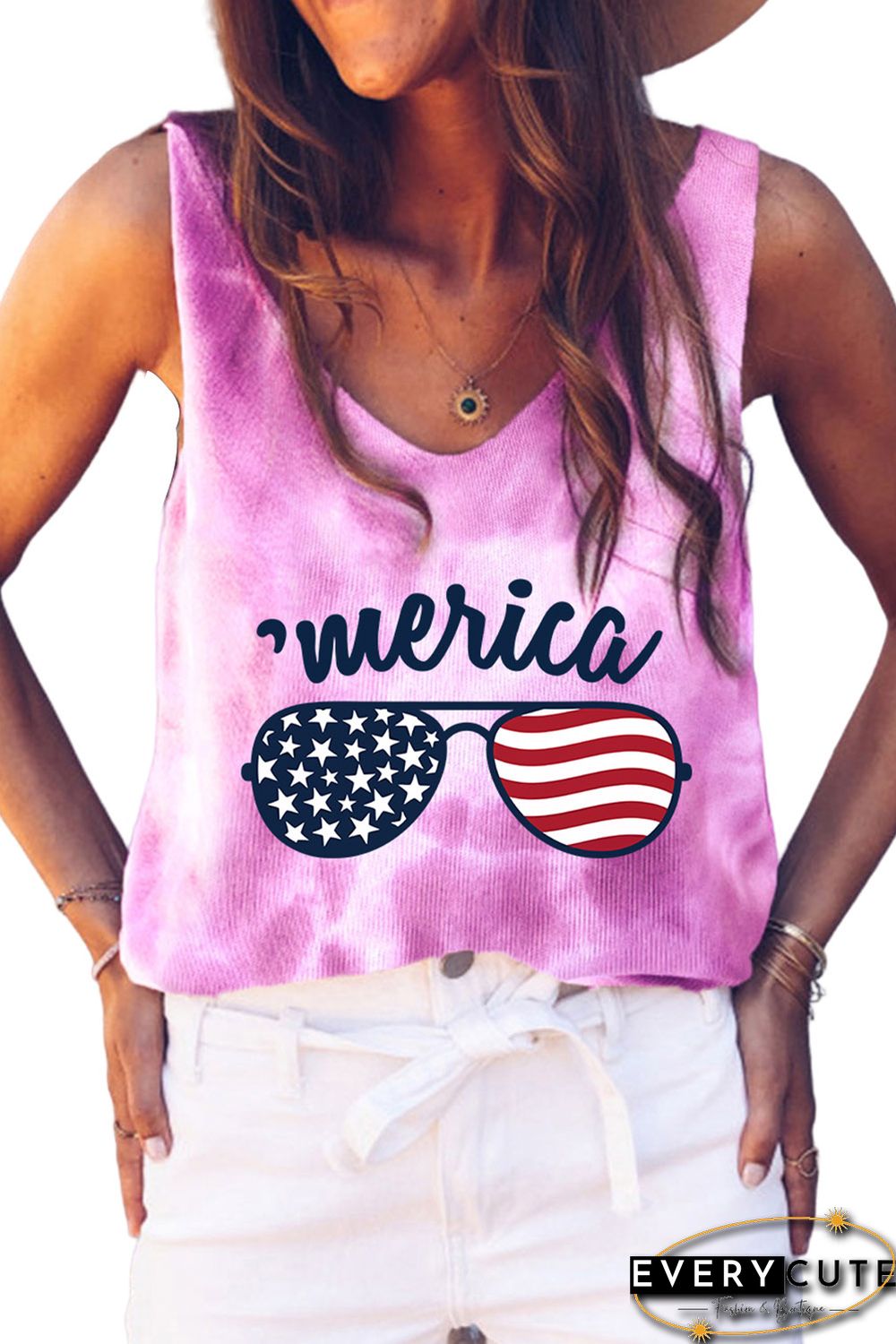 Pink America Flag Sunglasses Tie Dye Print V Neck Tank Top