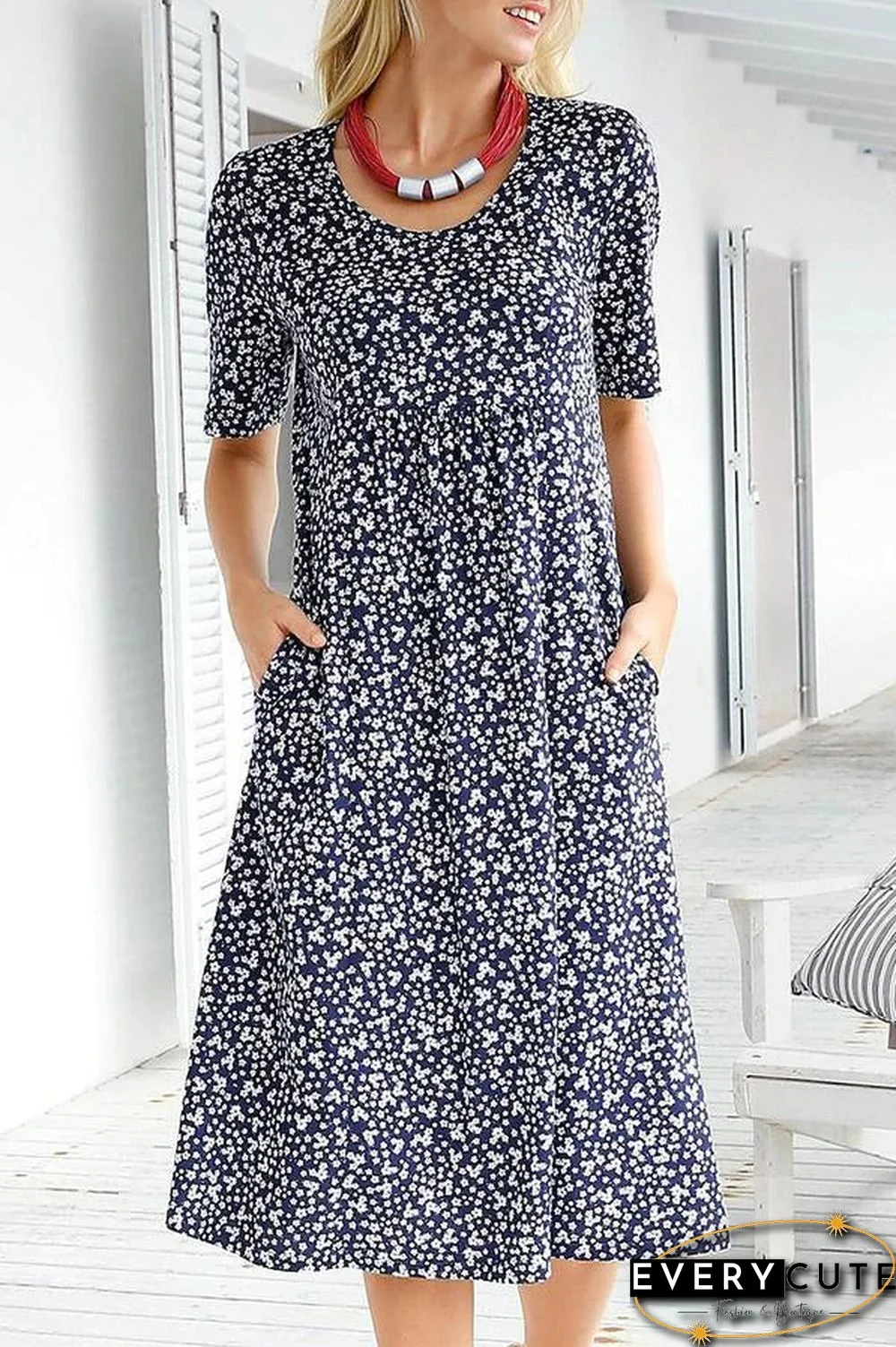 Casual Floral Print Short Sleeves Pockets Midi Dress