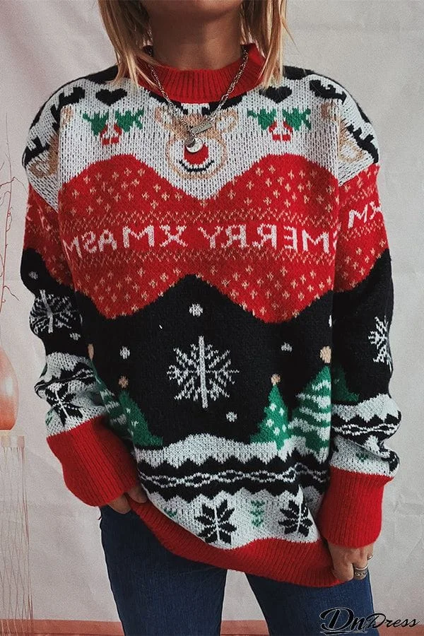 Christmas Pattern Knitted Crew Neck Long Sleeved Sweater