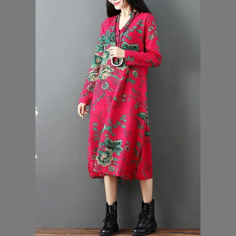 red prints linen dresses plus size clothing side open linen clothing dresses casual long sleeve linen caftans