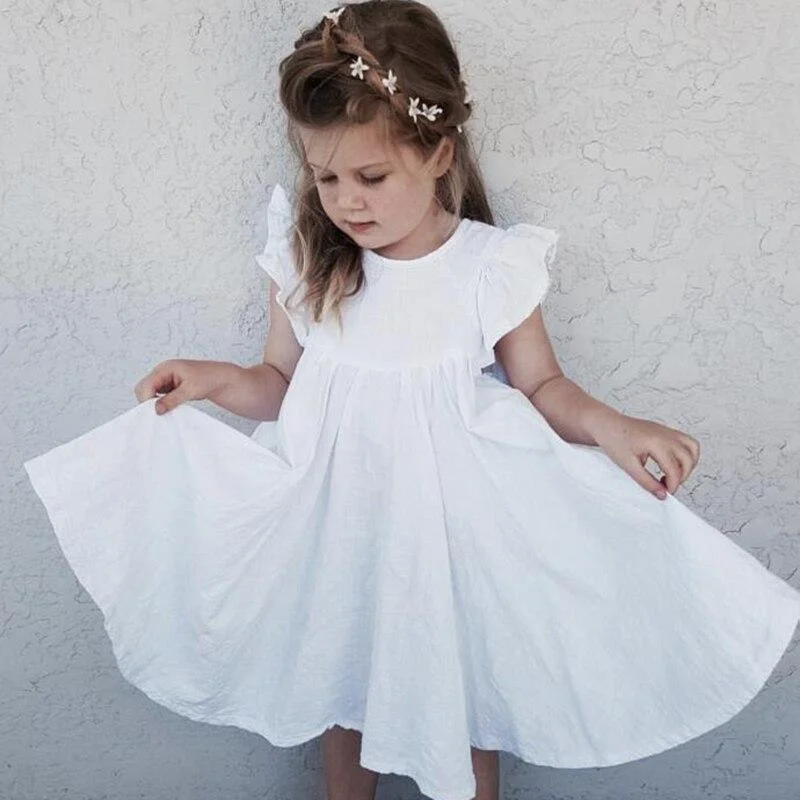 2021 New Summer Toddler Princess Dress Kids Cotton Causal Dress Ruffles Pure Color Baby Girl Clothing Korean Japan Style