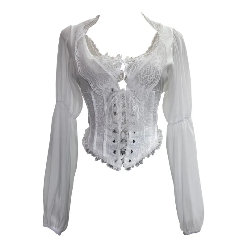 Uveng French Court Wind Strapped With Waist Fish Bone Shirt Lace Shirt Back Waist To Take Short Top 8803
