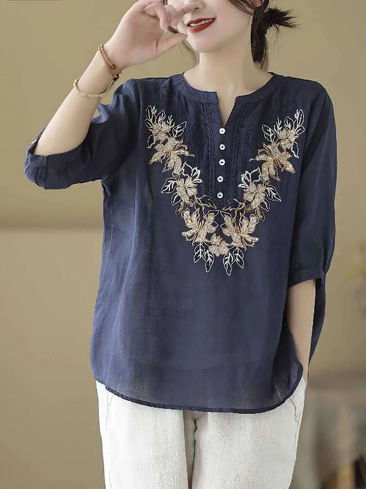 Women Vintage Summer Flower Embroidery Ramie Shirt