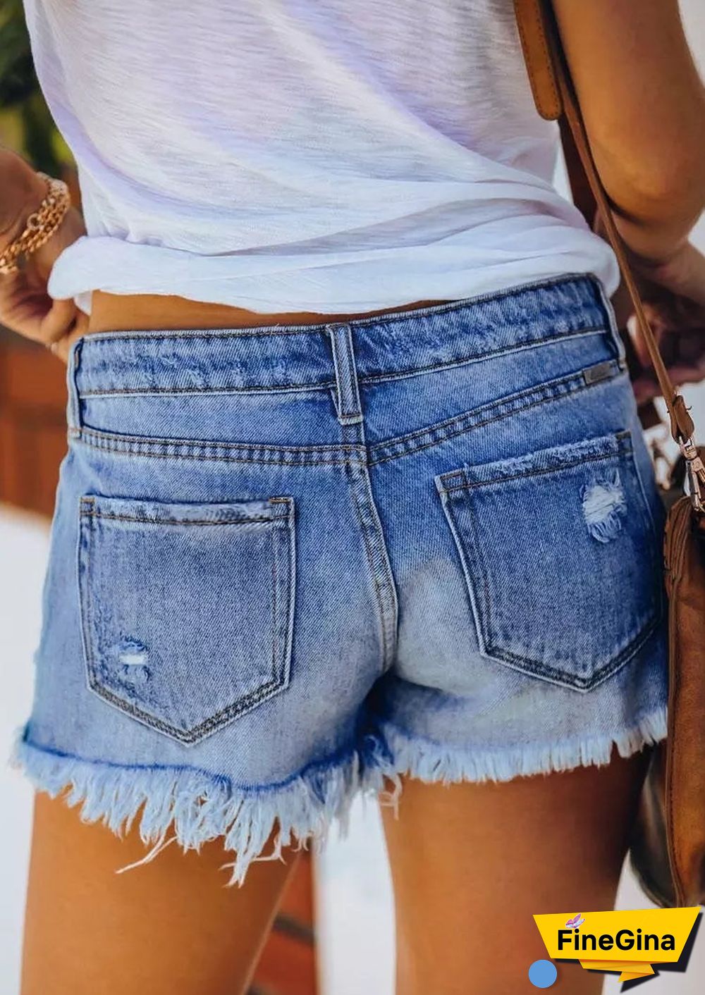 Pocket Button Ripped Hole Denim Shorts - Blue