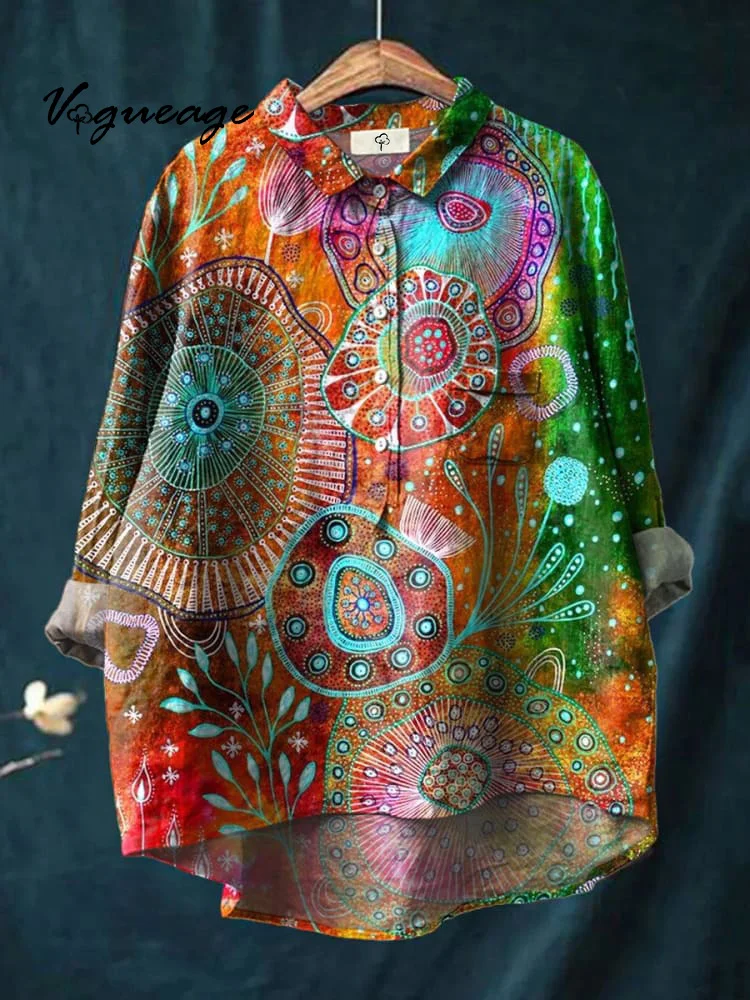 Watercolor Bright Plants Printed Cotton And Linen Shirt