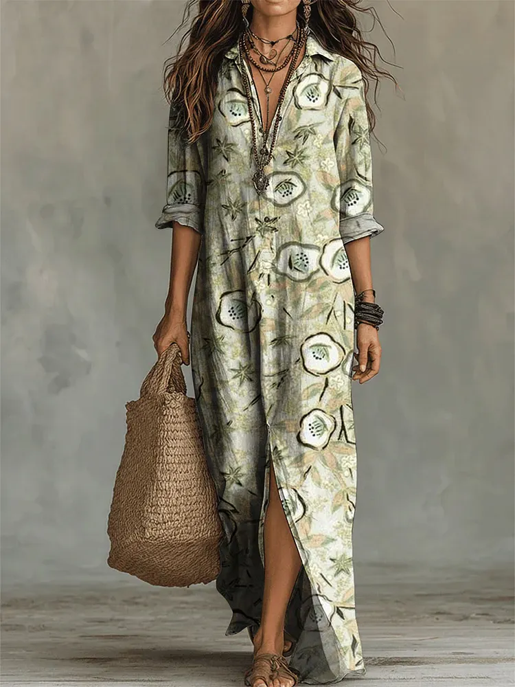 Women's Flower Print Casual Solid-color Linen-cotton Dress