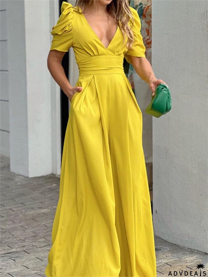 Women's Elegant Deep V-neck Puff Short Sleeve Straight Leg Jumpsuit