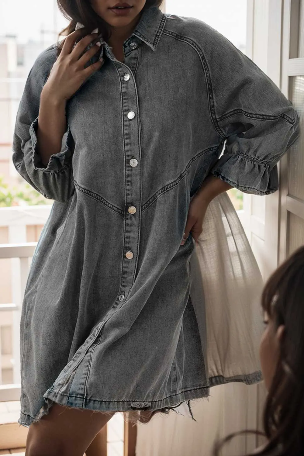 chic gray denim mini dress with button detail