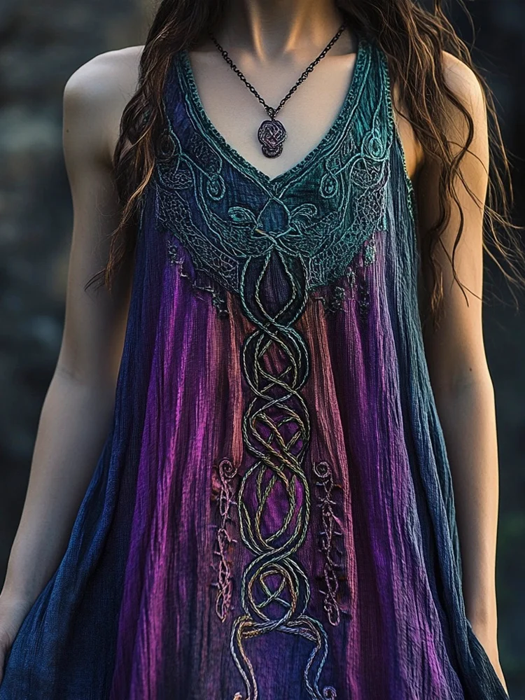 Vintage Celtic Mythology Gradient Lace Linen Tank Dress