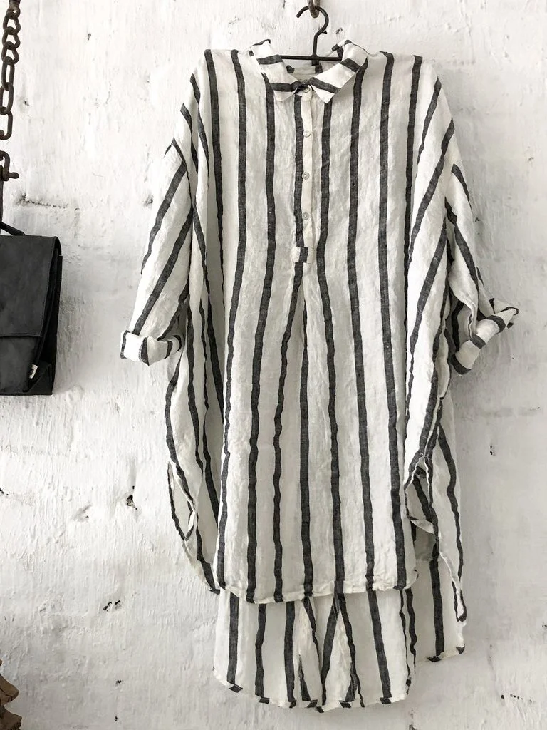 Striped Pattern Lapel Collar Long Sleeve Casual Top