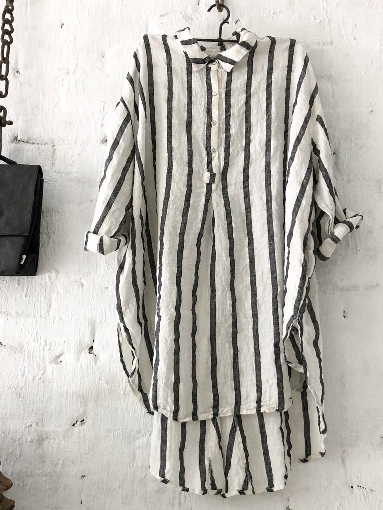 Striped Pattern Lapel Collar Long Sleeve Casual Top