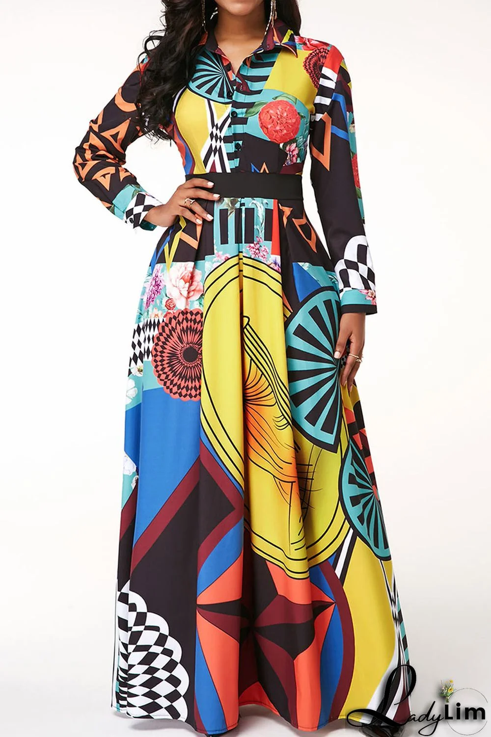 Colour Casual Print Patchwork Buckle Turndown Collar Dresses