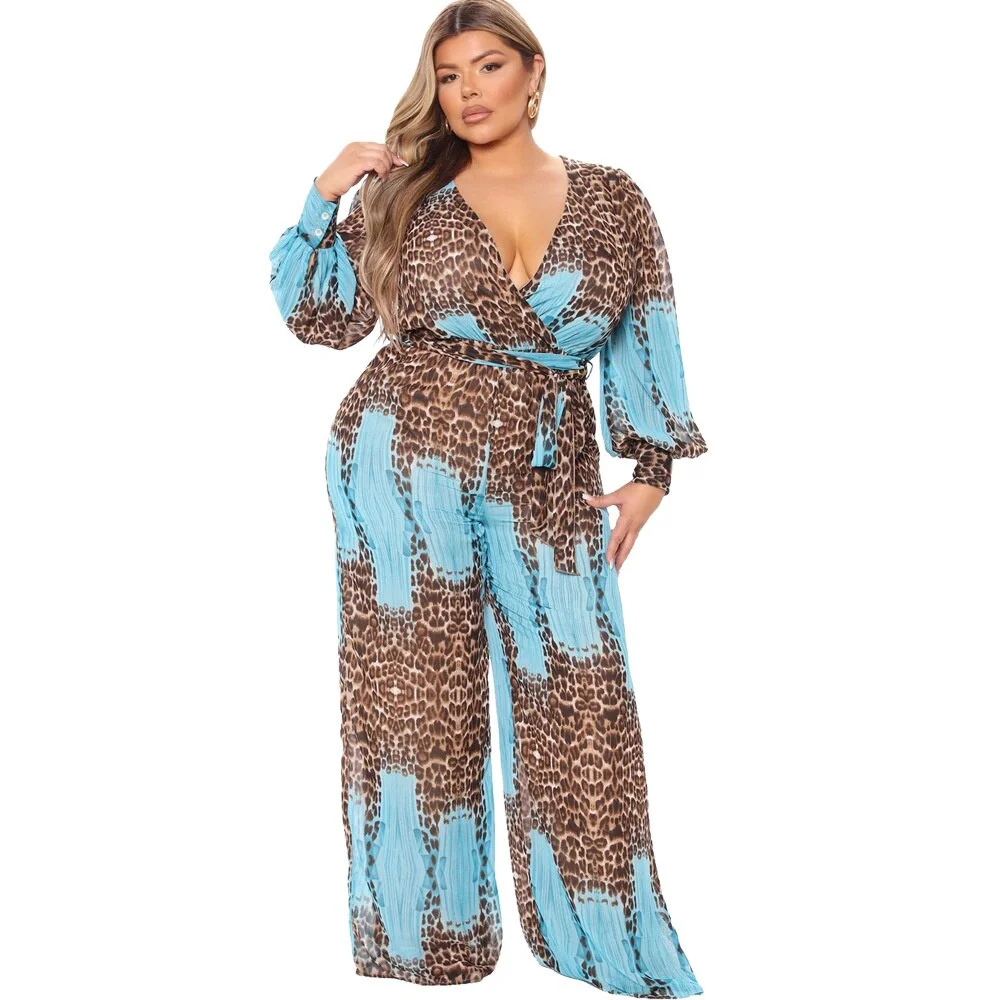 Jumpsuit Plus Size Clothing Fall Clothes for Women V Neck  Leopard Print Wide Leg Elegant Fashion Outfit Wholesale Dropshipping
