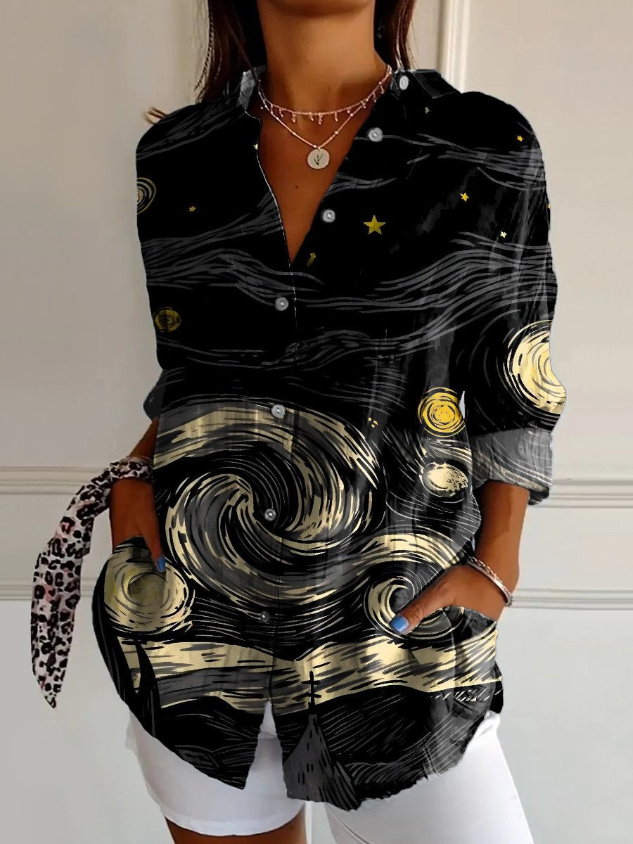 Impressionist Night Sky Decorative Pattern Casual Cotton Shirt