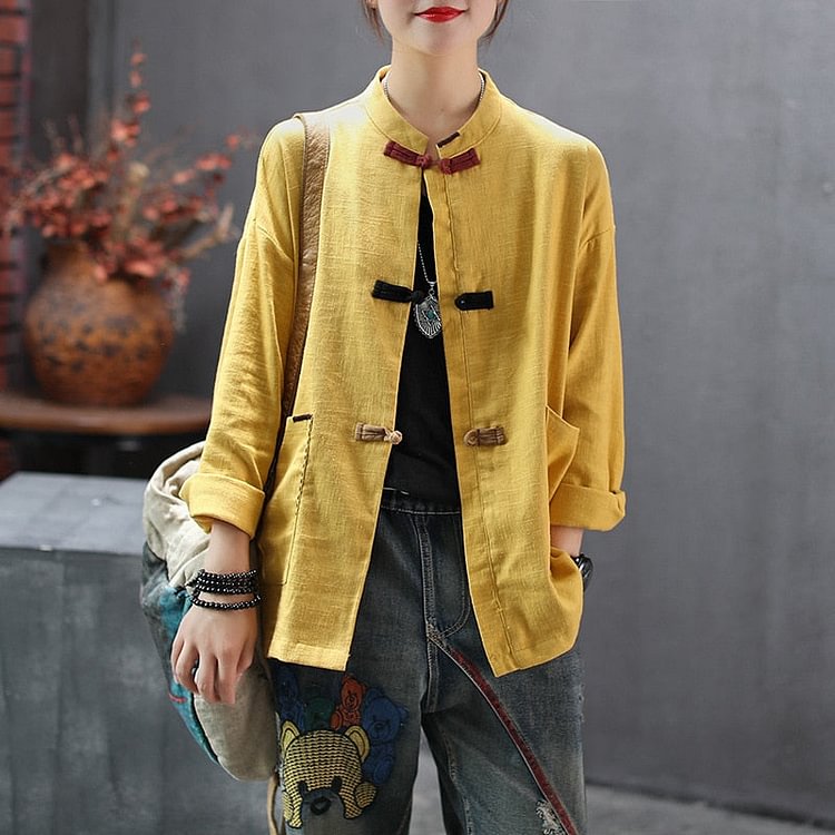 Chinese Style Clothing Women Linen Traditional Top Shirt Stand Collar Hanfu Streetwear Tang Suit Vintage Solid Color Long Sleeve - BlackFridayBuys