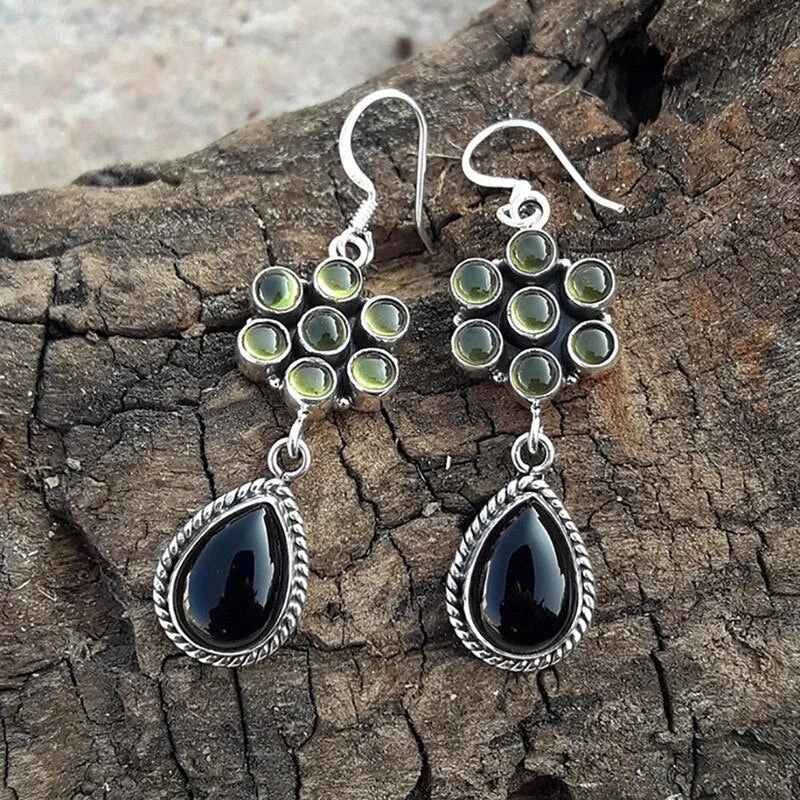 Vintage Flower Shape Metal Inlaid Green Stone Earrings Hanging Water Drop Black Stone Hook Drop Earrings for Women