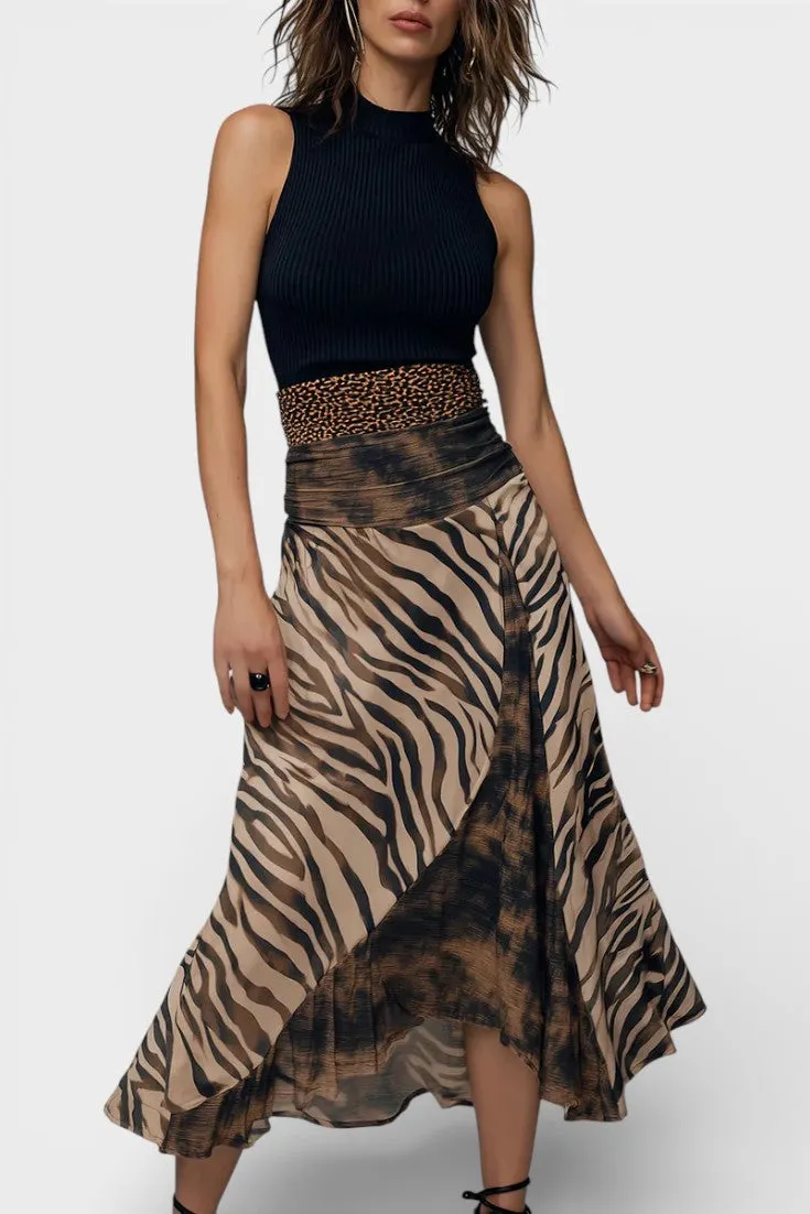 High Neck Sleeveless Midi Skirt with Zebra Patchwork