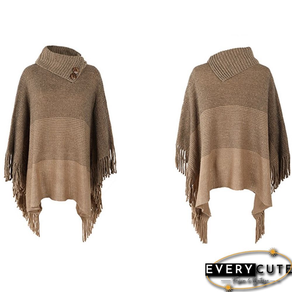 Women's Tassel Design Casual Shawl Cloak Coat Color Block Hooded Knitted Cloak And Shawl Top