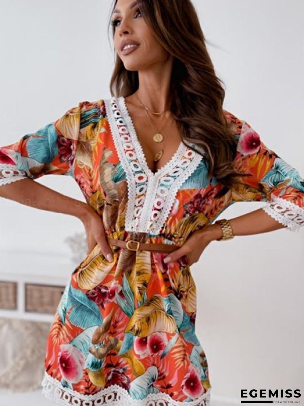 New Lace Printed Dress with Belt | EGEMISS