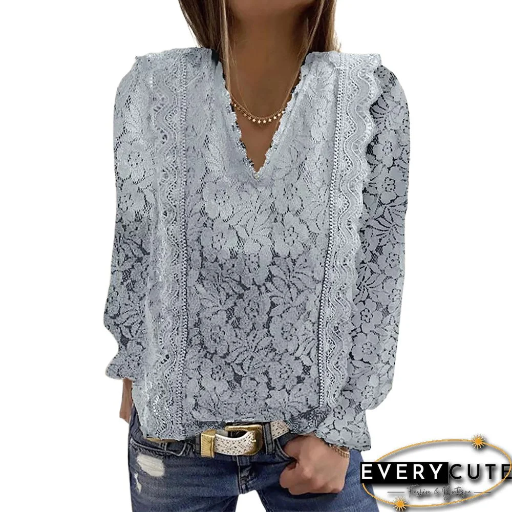 Gray Lace V Neck Casual Long Sleeve Tops