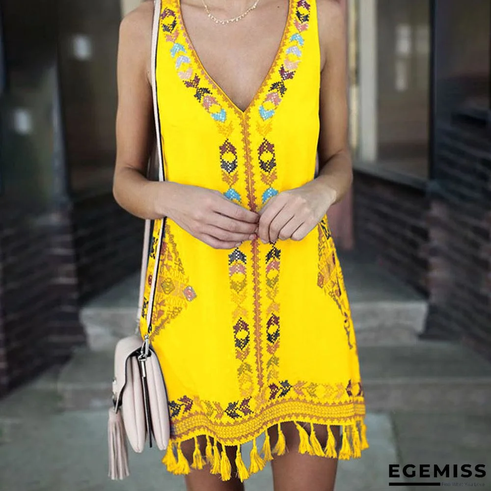 Loose-fitting A-shaped Tassel National Style Printed Dress | EGEMISS