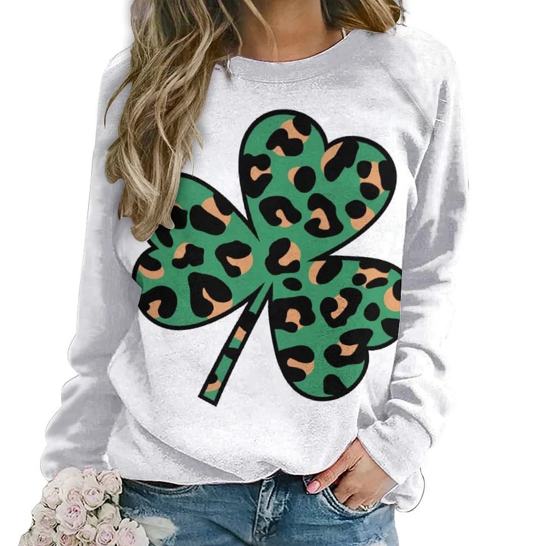 Printed Long Sleeve Casual Sweatshirt for  Women and Men Unisex Pattern St. Patrick's Day, Green, Clover, Lucky