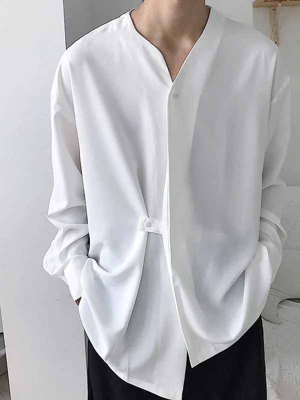 Aonga - Mens Irregular Button Drape Solid Color ShirtsH