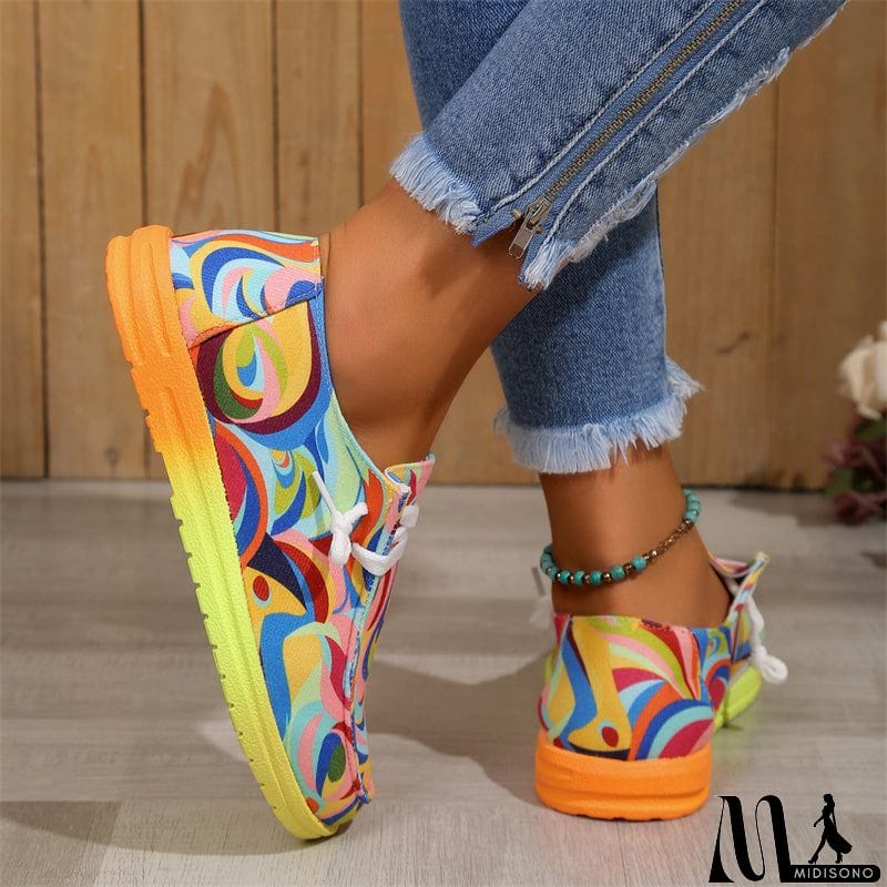 MidiSono - Ethnic Style Lace-up Low-top Graffiti Flat Shoes for Women