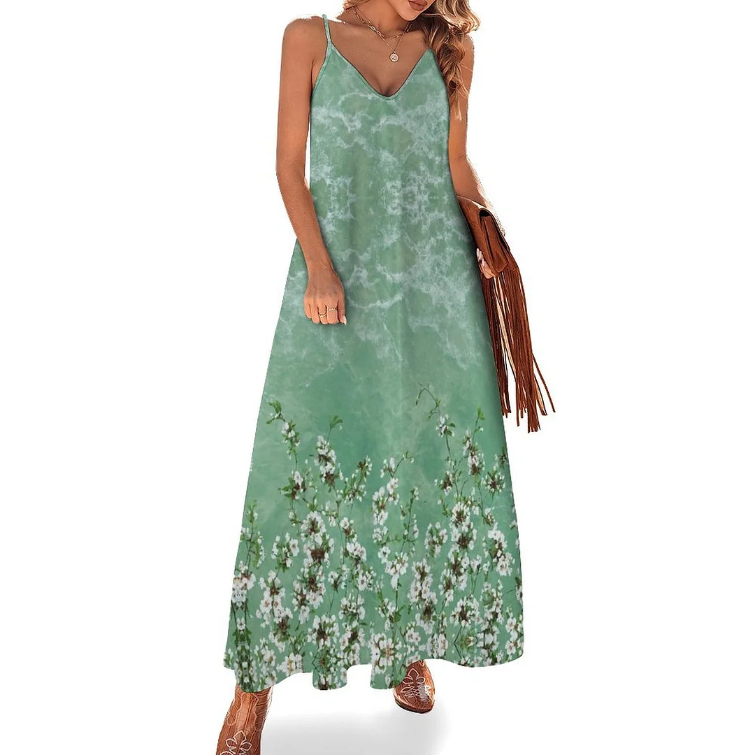 Style & Comfort for Mature Women Plus Size Printed Sling Casual Women Maxi Dress in Pattern Floral, Green, White