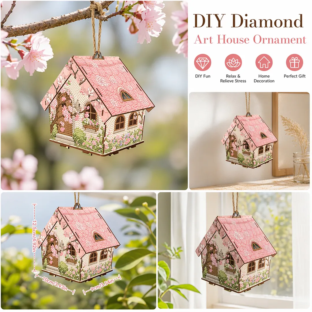 DIY Wooden House Diamond Art Painting Kit for Adults Home (Pink House)