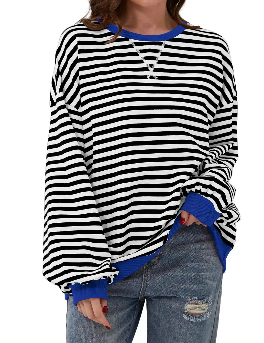 Women's Casual Stripe Colorblock Pattern Round Neck Long Sleeve Pullover T-Shirt 