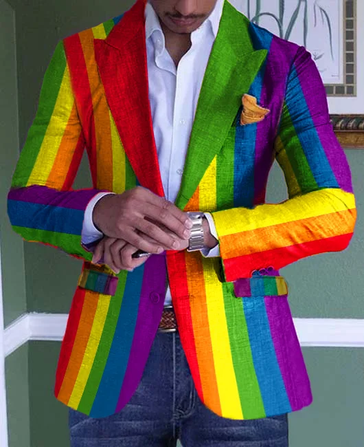 Party Rainbow Striped Peak Lapel Button Blazer 