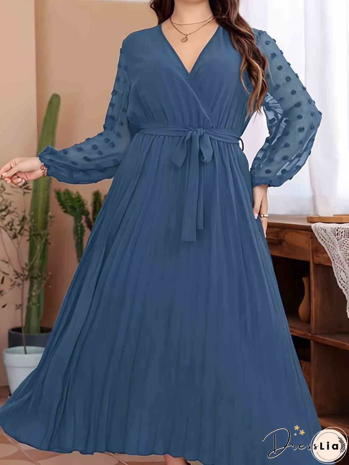 Plus Size Swiss Dot Tie Waist Maxi Dress