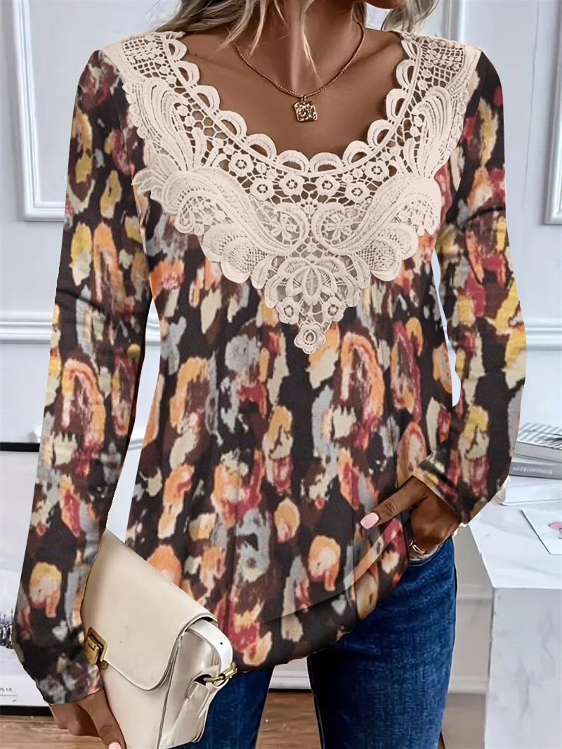 Women's Long Sleeve Scoop Neck Graphic Printed Lace Stitching Top