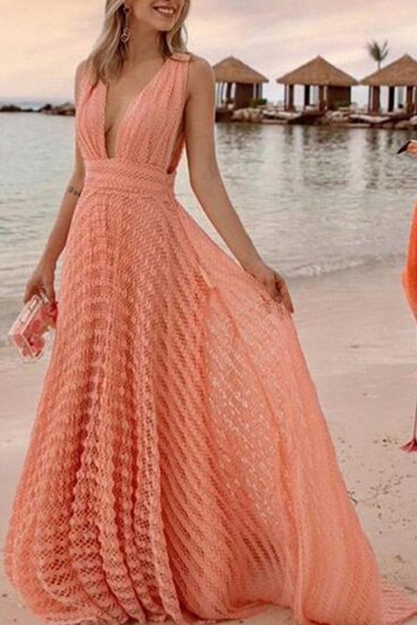 V-neck Elegant High-waist Lace Holiday Maxi Dress