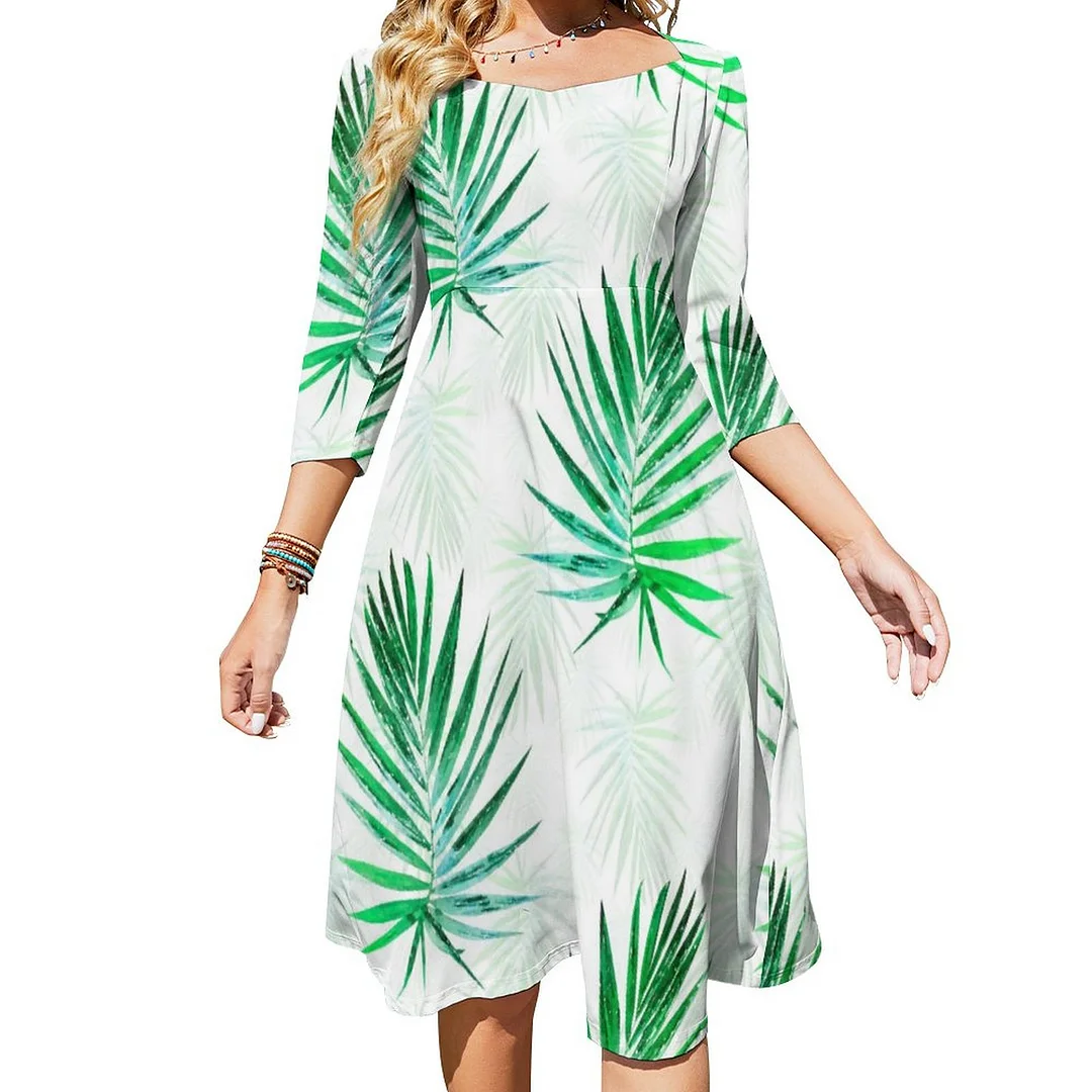 Modern Green Tropical Palm Leaves White Design Dress Sweetheart Tie Back Flared 3/4 Sleeve Midi Dresses