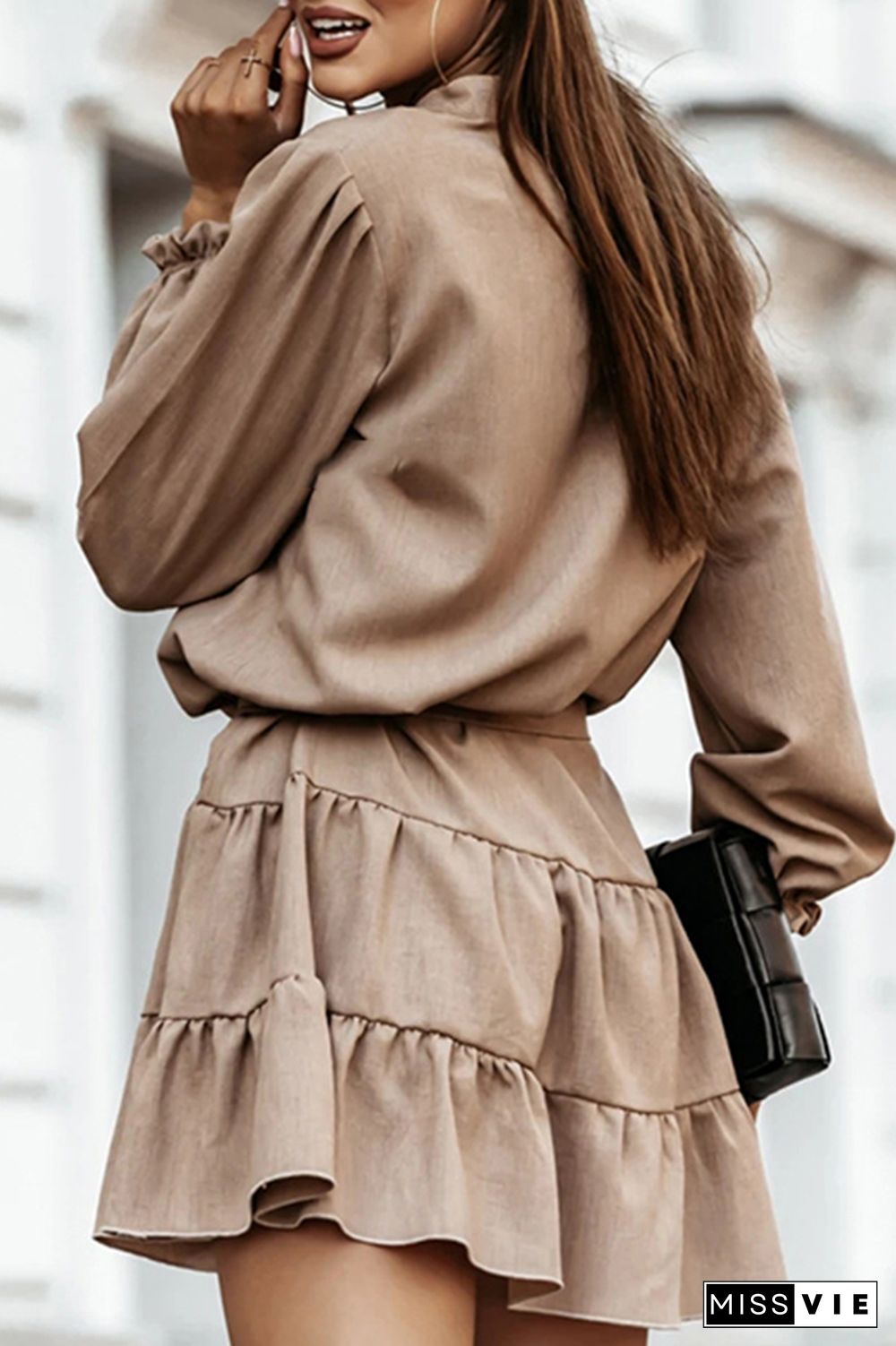 Fashion Elegant Solid Frenulum Flounce V Neck A Line Dresses